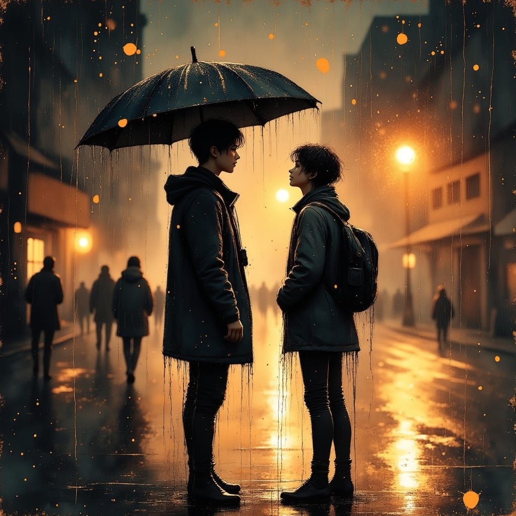 Two Men Under Umbrella in Rainy Night