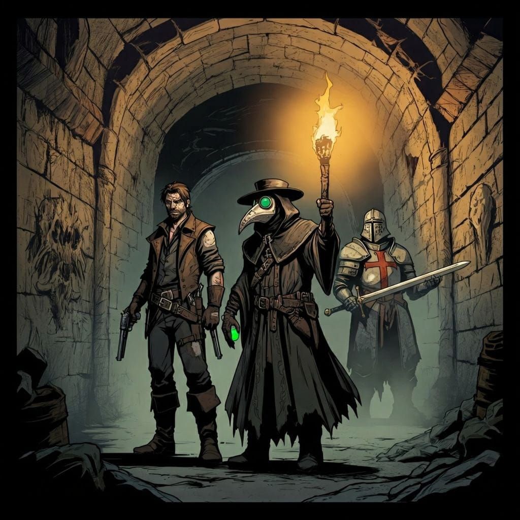A group of adventurers in a shadowy dungeon corridor