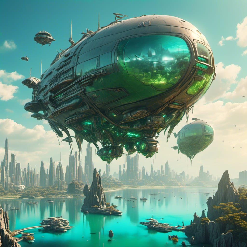Levitating Alien Airships by a Futuristic Shore