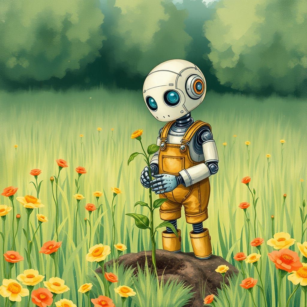Robot Planting a Tree: Vintage Illustration