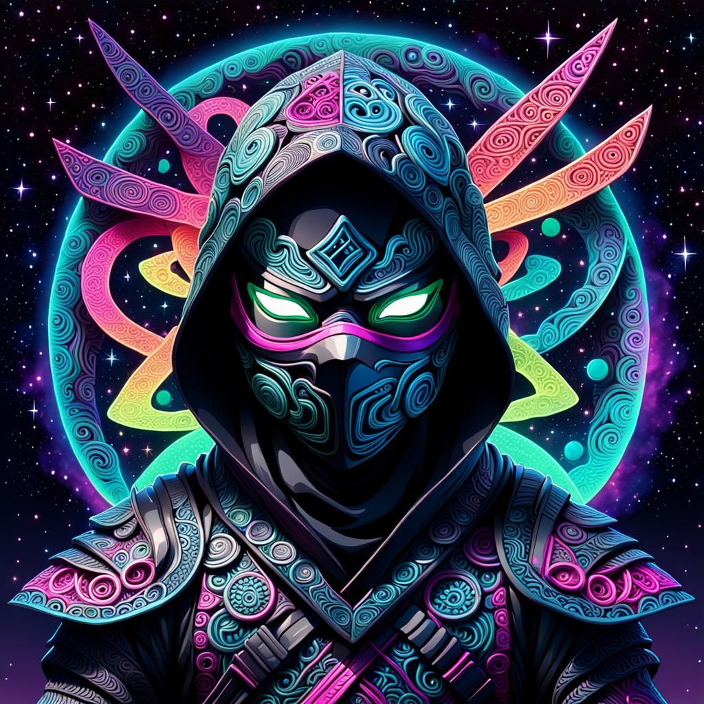 Neon Zentangle Ninja Sculpture in Cyberpunk Style