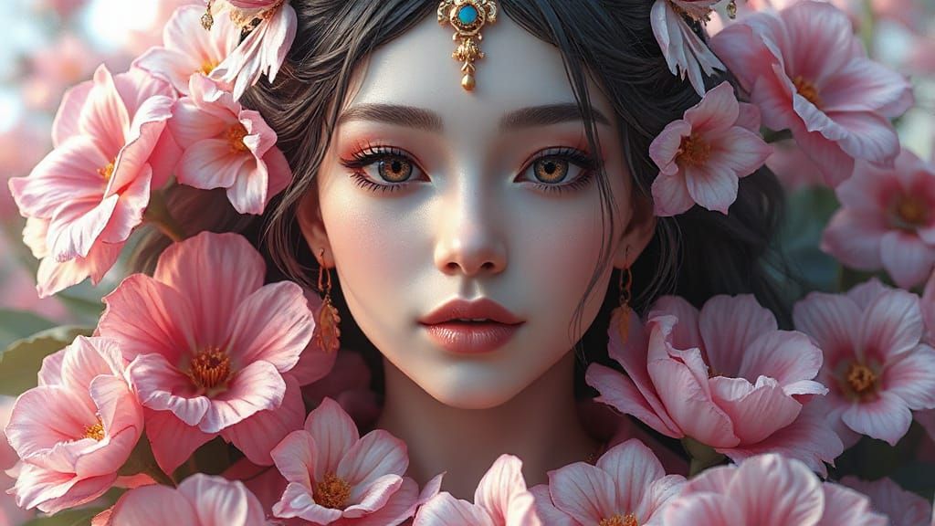 Anime Goddess Surrounded by Flowers in 3D Art Style