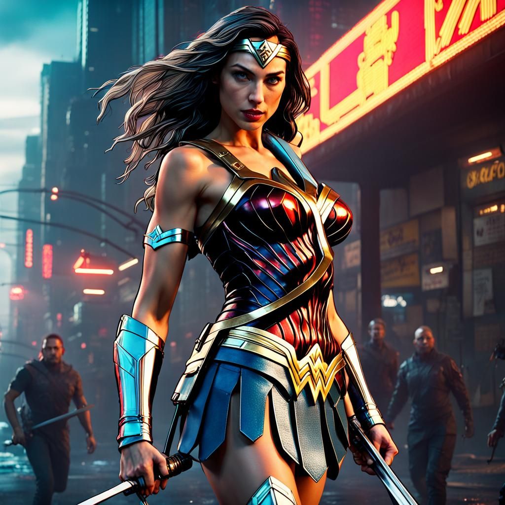 Wonder Woman in Cyberpunk 2049 Cityscape
