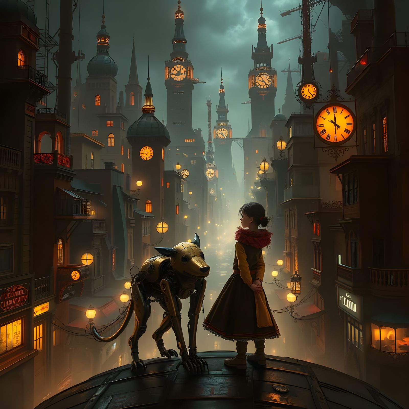 Steampunk City Scene with Mechanical Dog and Girl