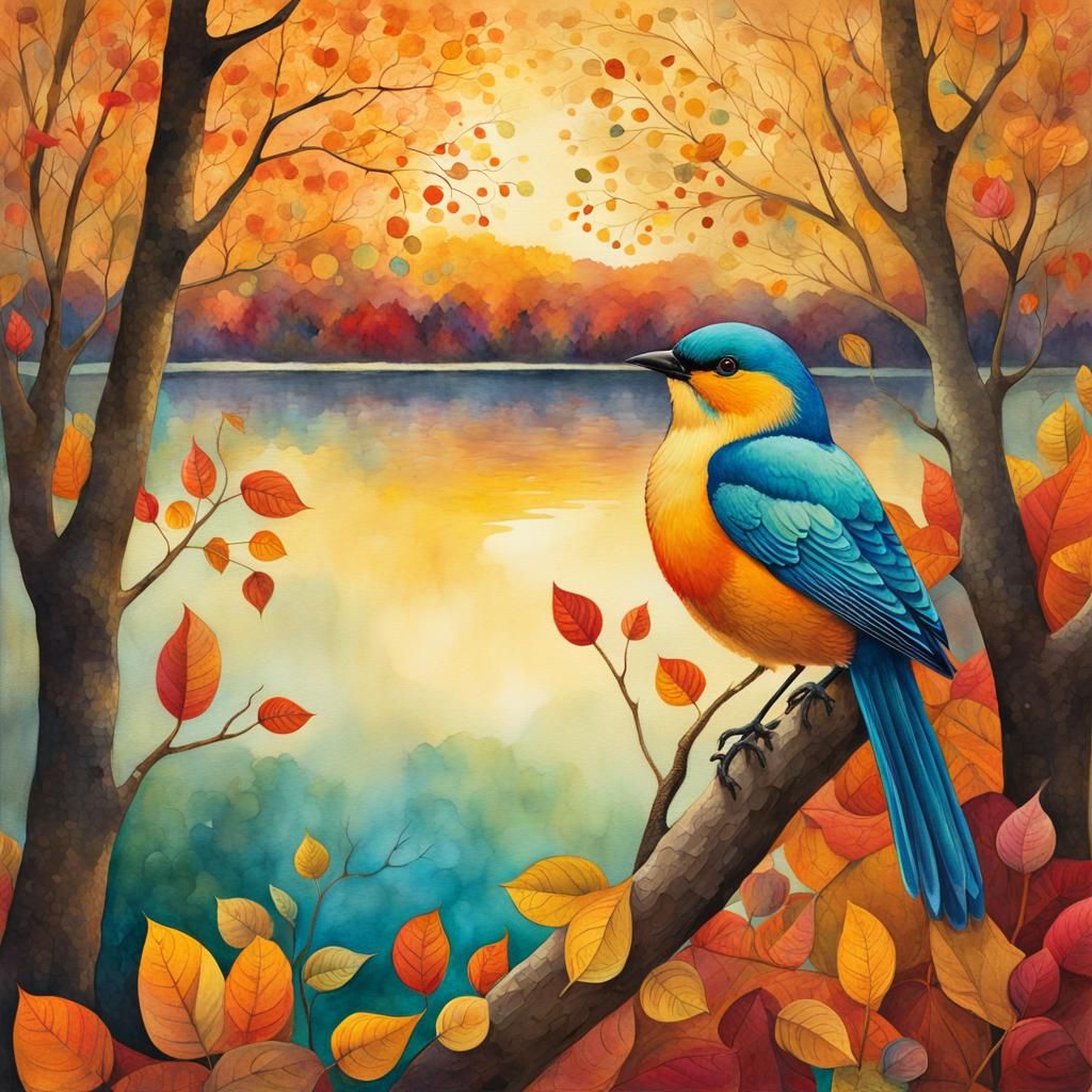 Whimsical Bird in Autumn Forest: Watercolor Illustration