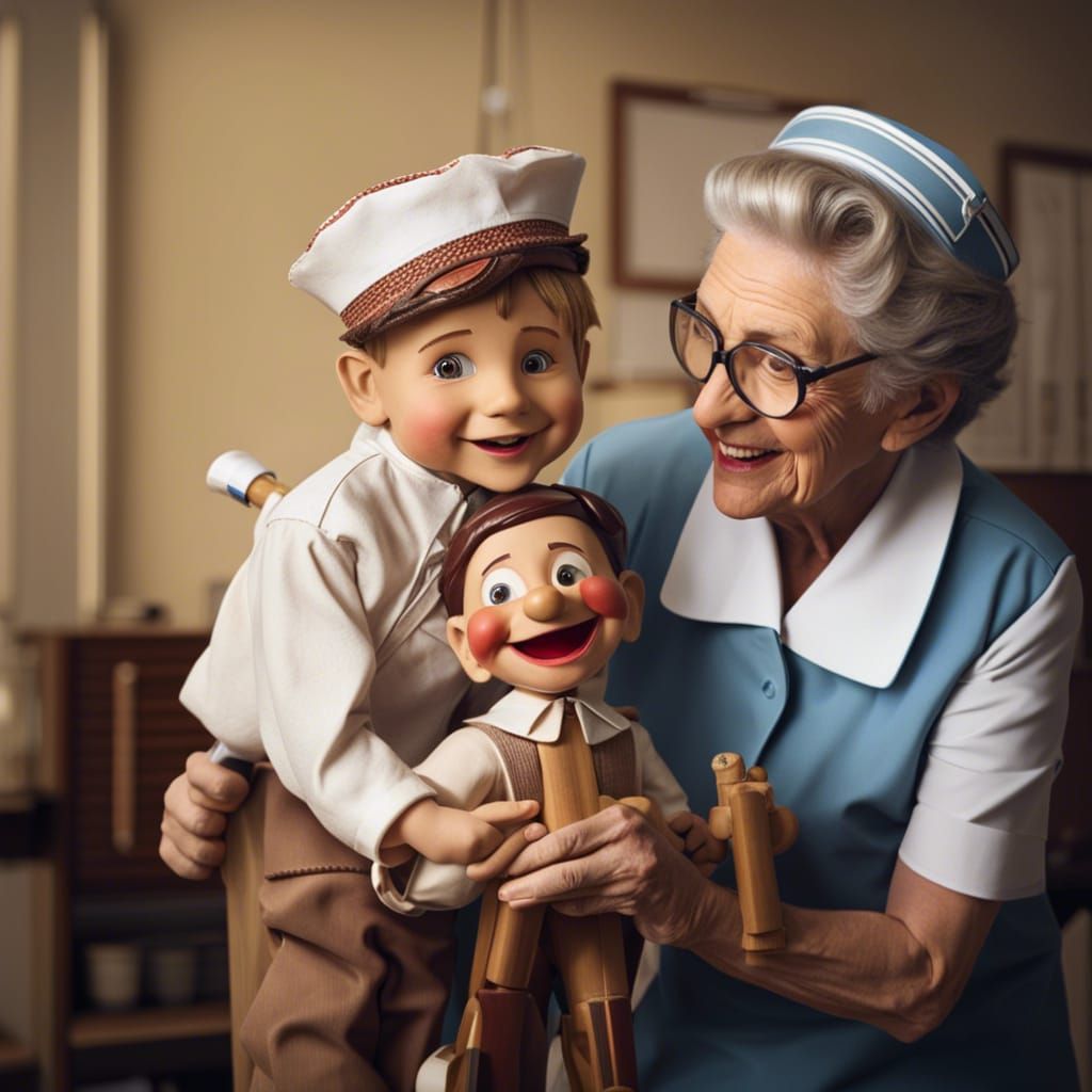 Nurse and Boy with Pinocchio Puppet, Rockwell Style