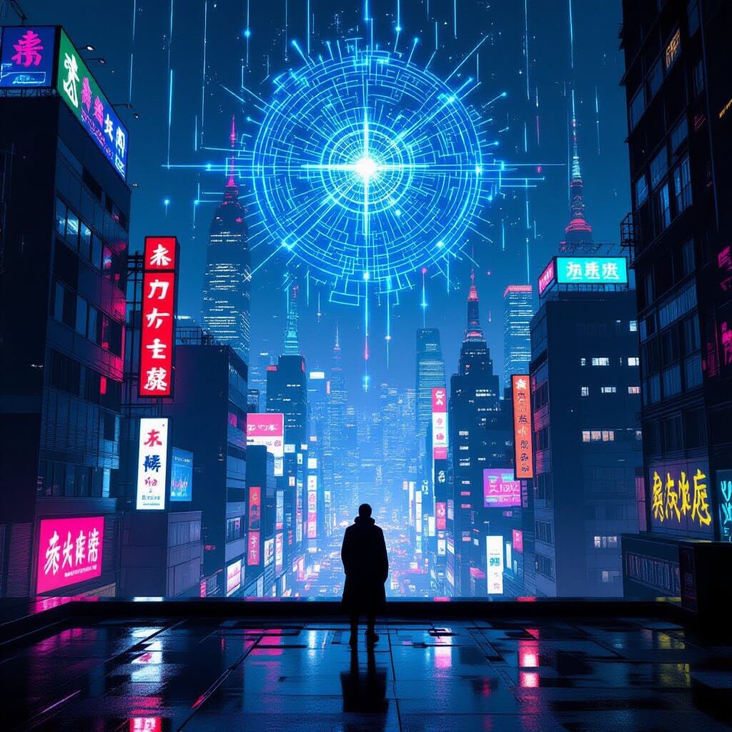 Cyberpunk Metropolis at Night: Rooftop View