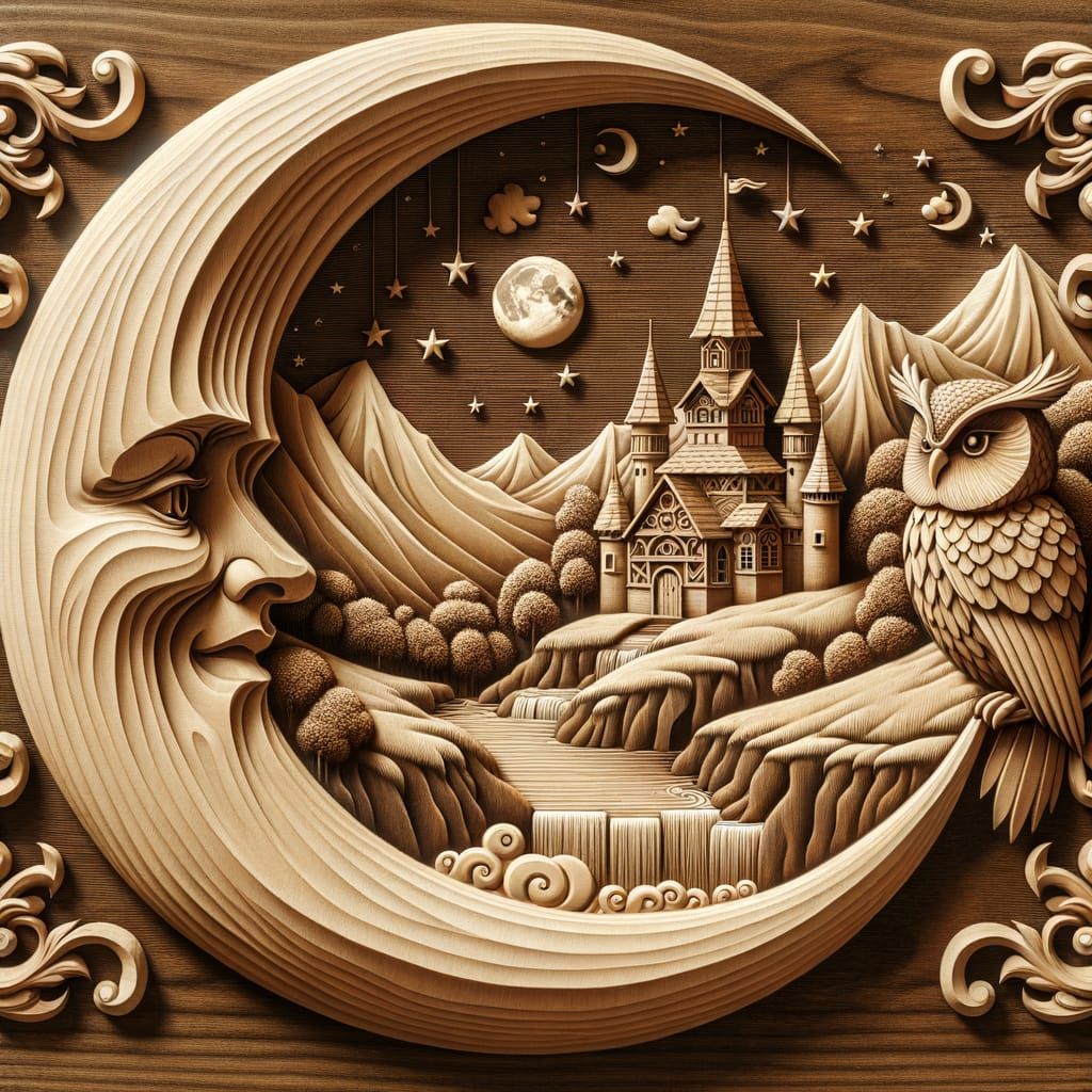 Whimsical Folk Carving: Moon Cradling Fairytale Castle