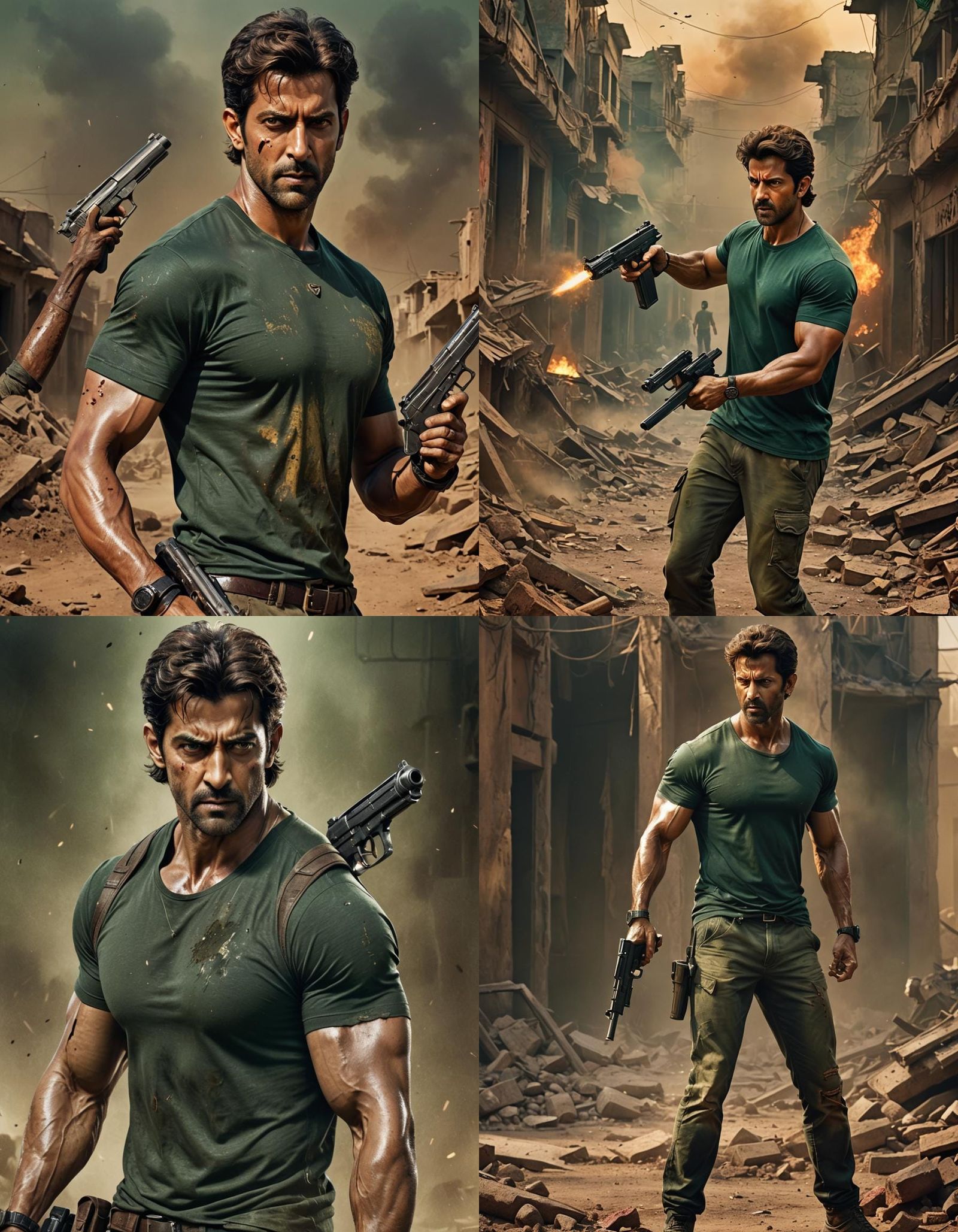 Muscular Man with Gun in War-Torn Scene: Hyperrealistic Art