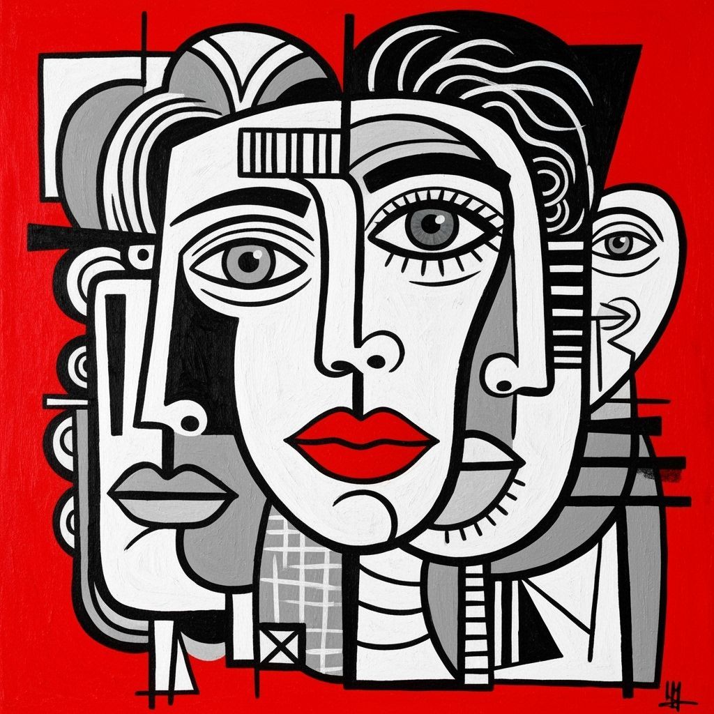 Cubist Faces With Eye on Red Background