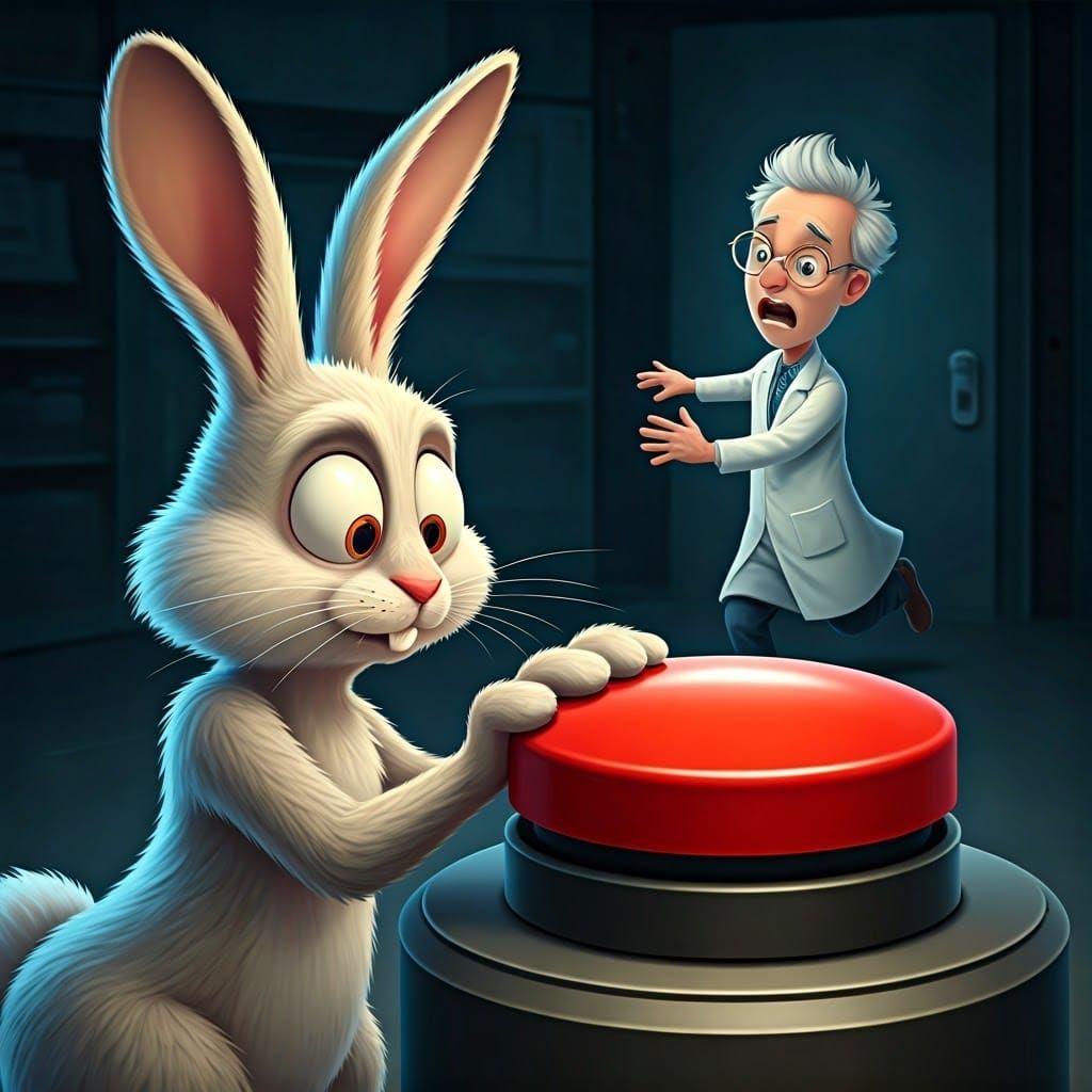 Cartoon Rabbit Stares at Red Button in Desperate Anticipatio...