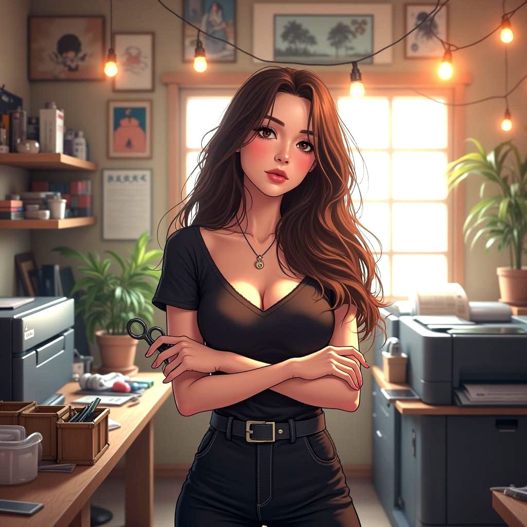 Anime Style Woman with Scissors in Art Studio
