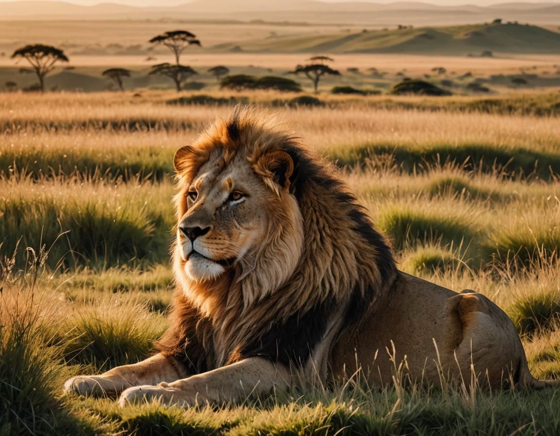 Lion Overlooking Plains in Golden Light