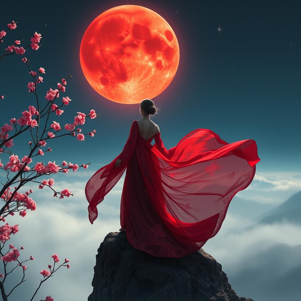 Woman on Mountain Gazing at Red Moon