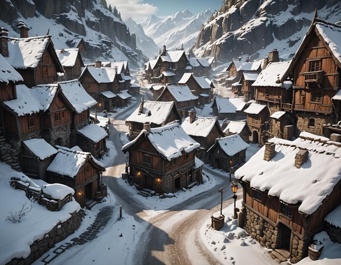 Snowy Village Street: Detailed Matte Painting