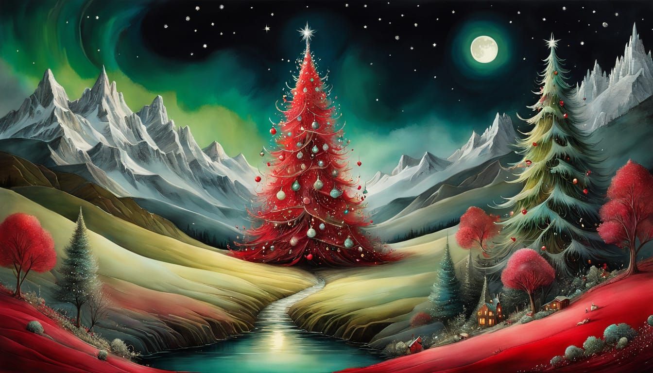 Whimsical Moonlit Christmas Scene in Vibrant Colors