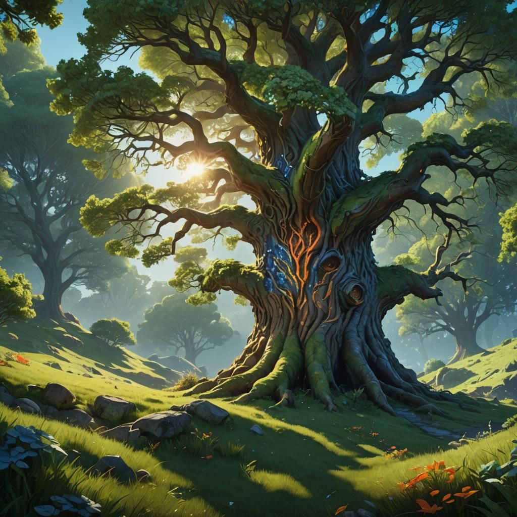 Lush Tree on Grassy Hill in Detailed Digital Art