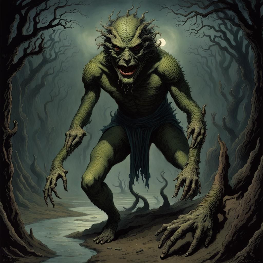 Horror Lizard Man in Engraving Style