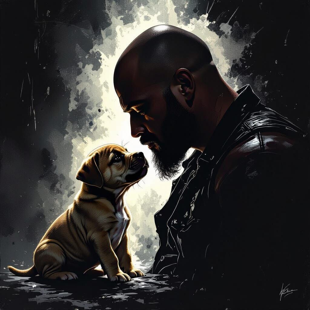Puppy Nuzzles Biker Man in Dramatic Light