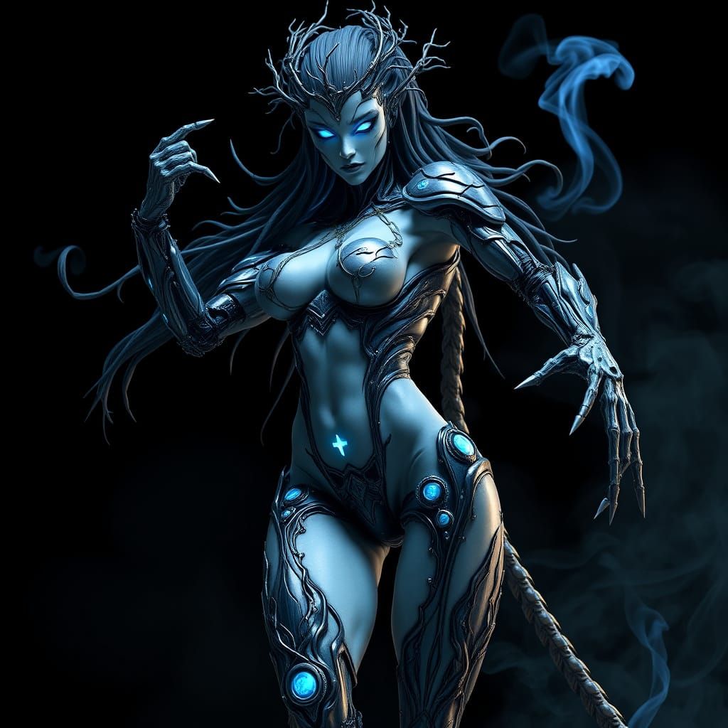 Cyberpunk Biomech Goddess in Dark Fantasy Stance