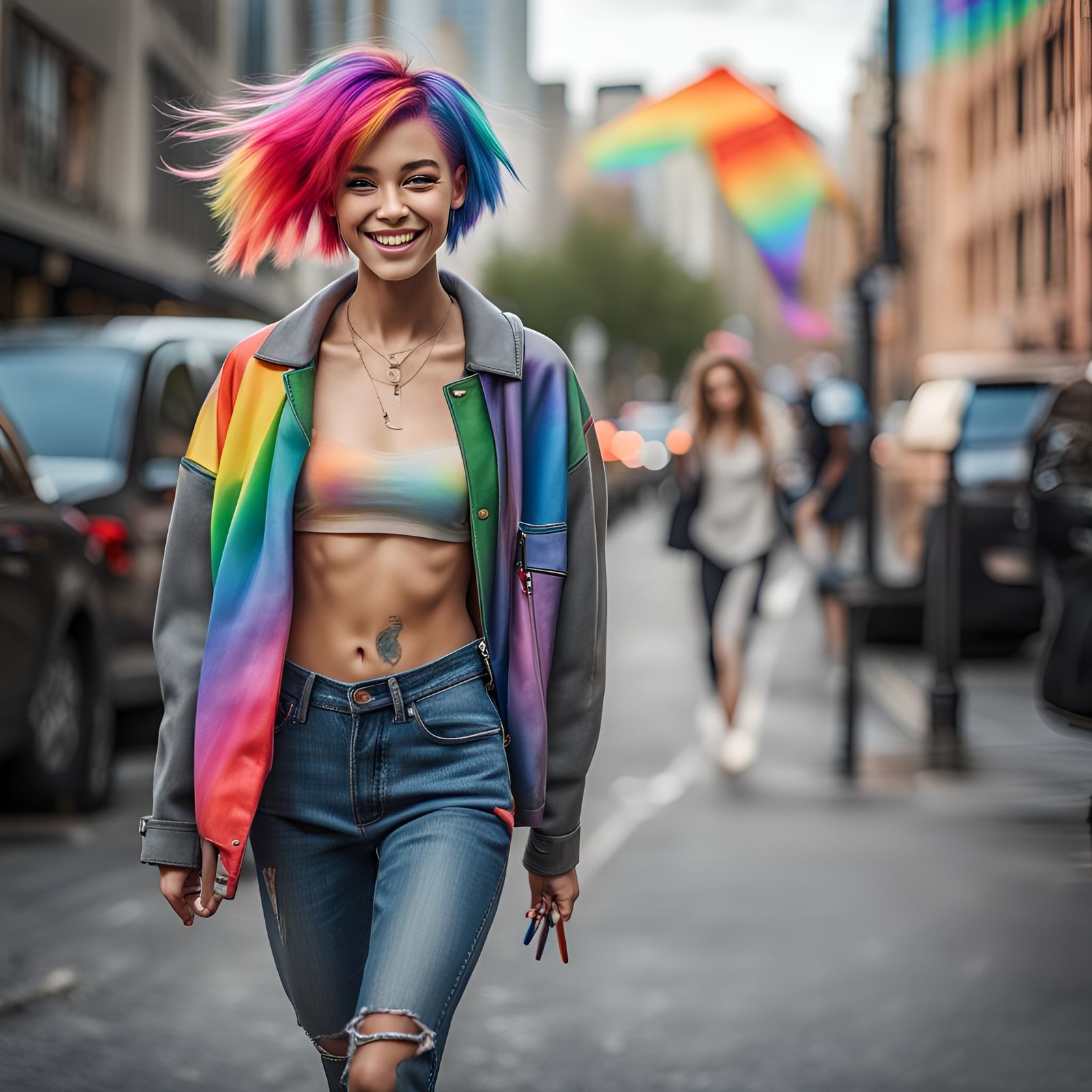 Cute Girl with Rainbow Hair in WLOP Style