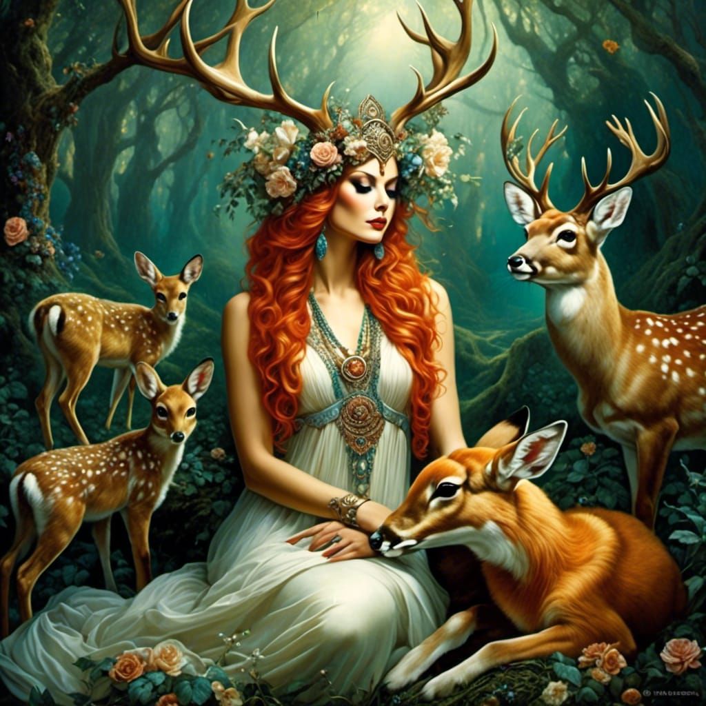 Forest Goddess Surrounded by Mystical Animals