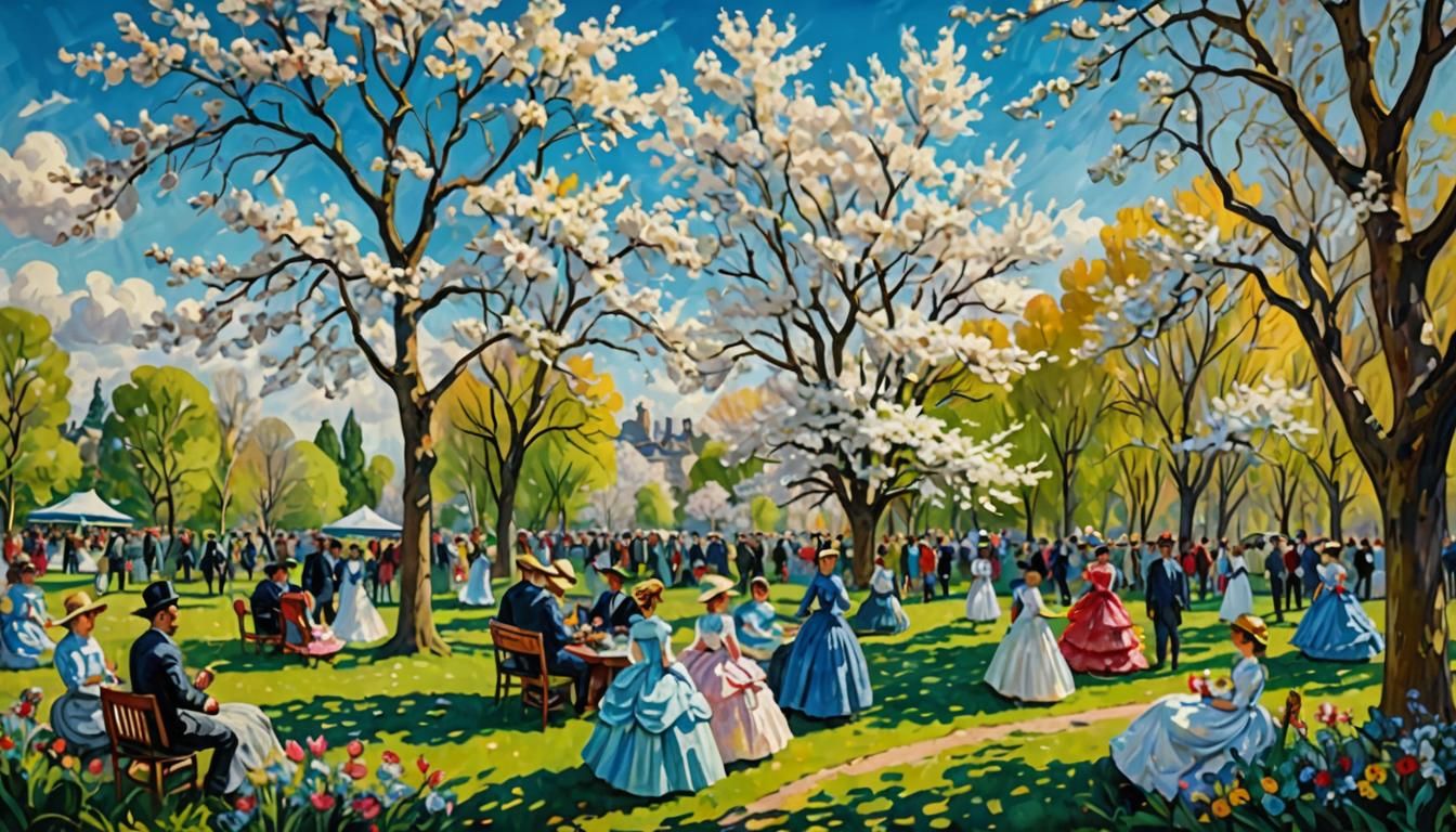 Lively Park Scene in Impressionistic Oil Painting