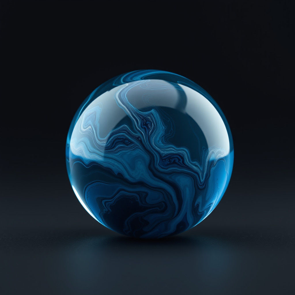 Hyperrealistic Glass Marble with Swirling Blue and Silver