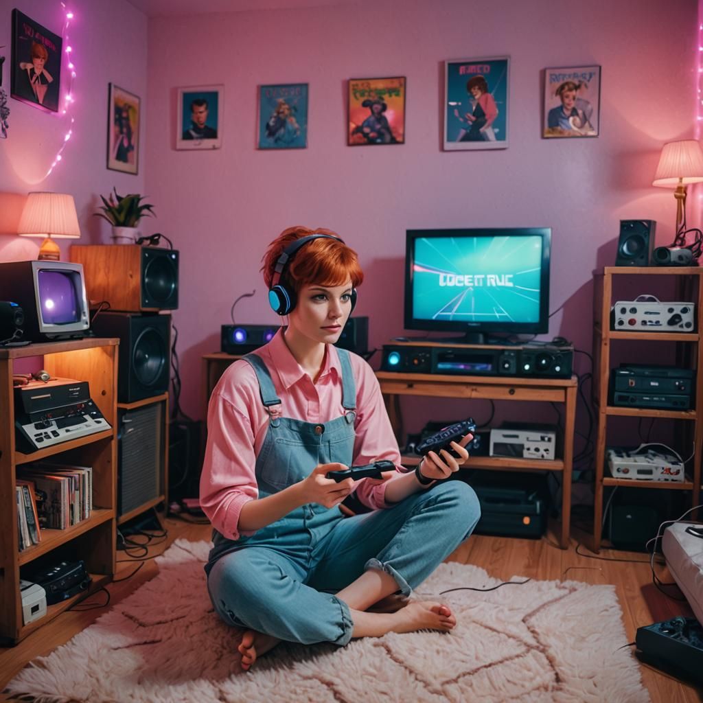 Redhead Girl Plays 80s Games in Synthwave Bedroom