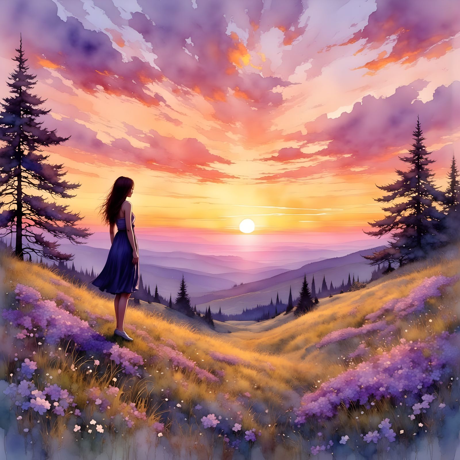 Summerscape Sunset in Digital Watercolor Style