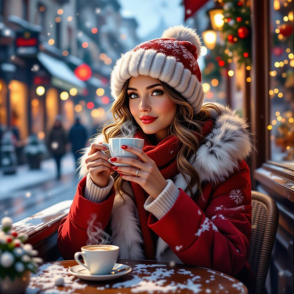 Festive Cafe Scene: Russian Woman in Oil Painting Style
