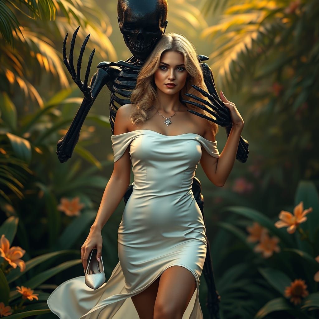Elegant Blonde in a Romantic Jungle Scene, Swooped Up by a B...
