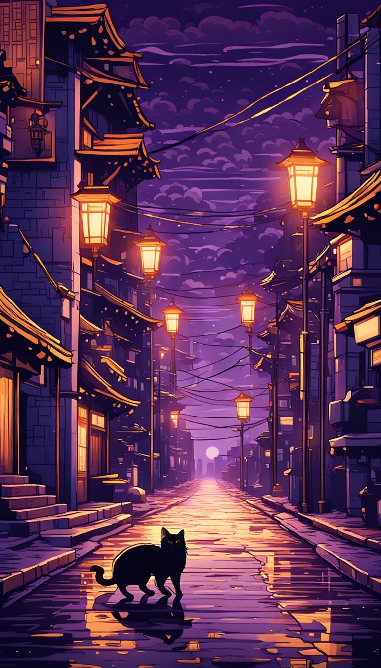 Japanese Wave Art: Stray Cats in 16-bit Cityscape