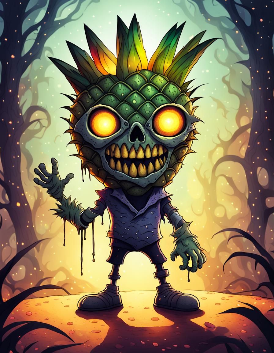 Undead Pineapple Cartoon Character in Watercolor