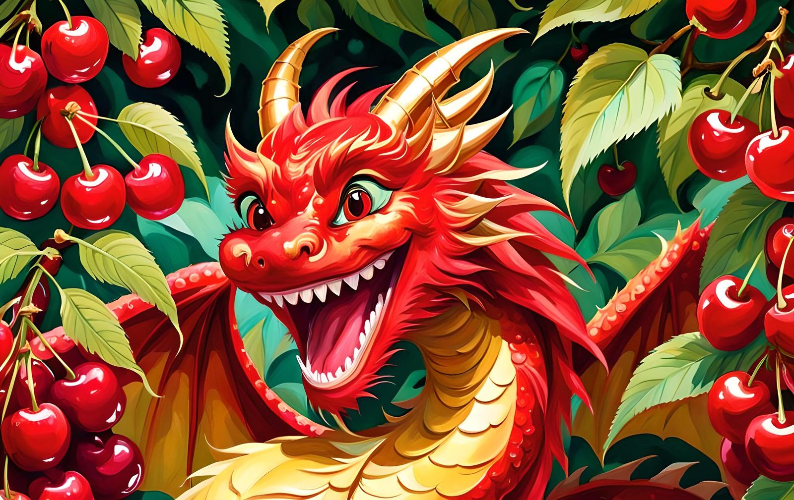Smiling Dragon in Cherry Orchard: Gouache Watercolor