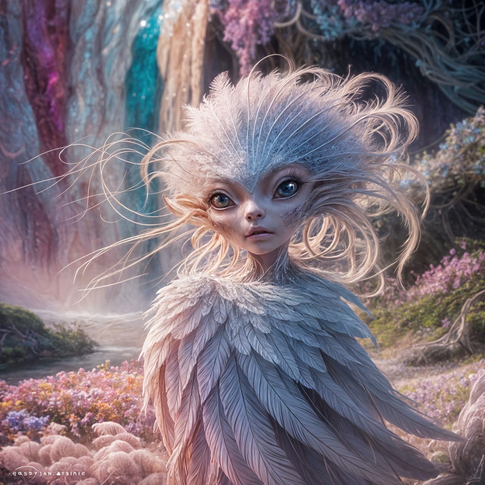Ethereal Feathered Alien in Sci-Fi Landscape
