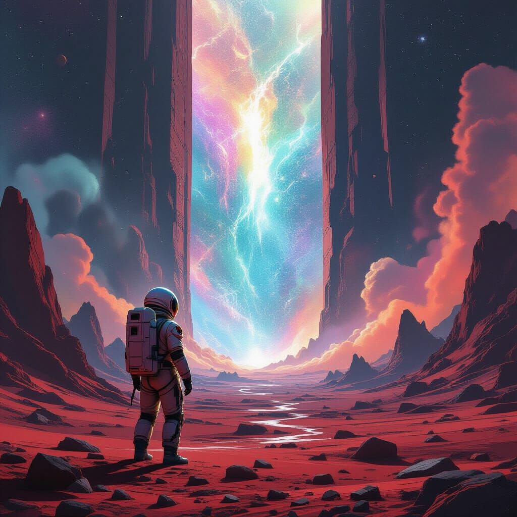 Astronaut Gazing at Cosmic Portal on Alien Planet