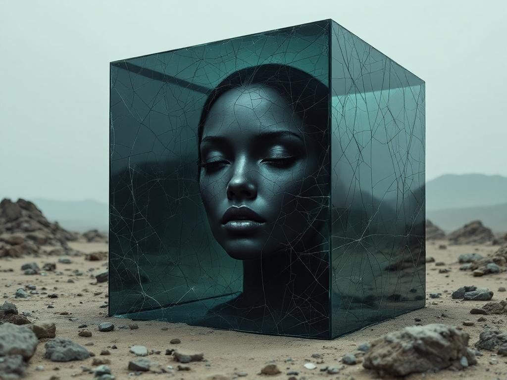 Sculpted Head in Fractured Glass Cube: Surreal Digital Art