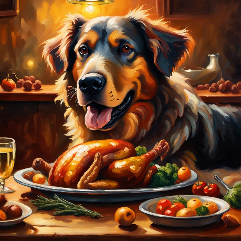 Happy Dog Eating Turkey: An Impressionist Oil Painting