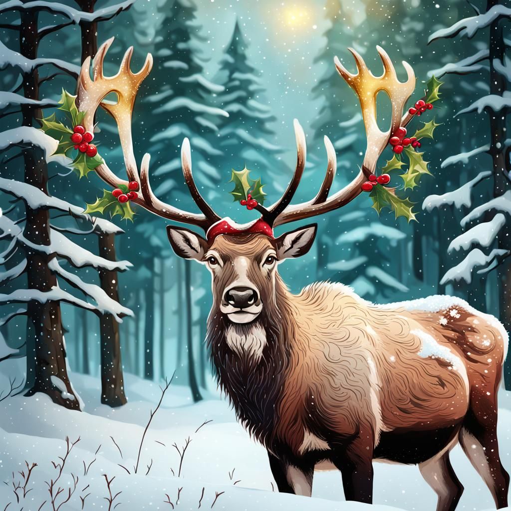 Whimsical Winter Wonderland Caribou Illustration in Festive...