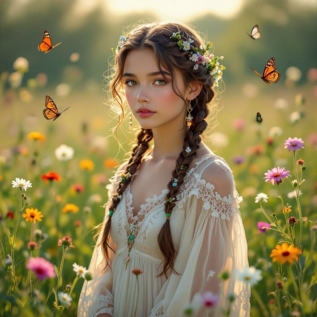 Androgynous Figure in Meadow, Art Nouveau Style