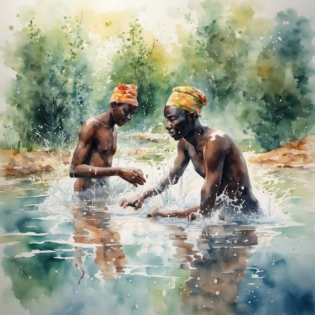 Watercolor: Men Bathing in Siberian Nature