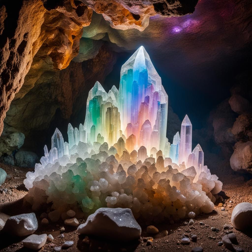 Magical Crystal Cave with Rainbow Light Reflections