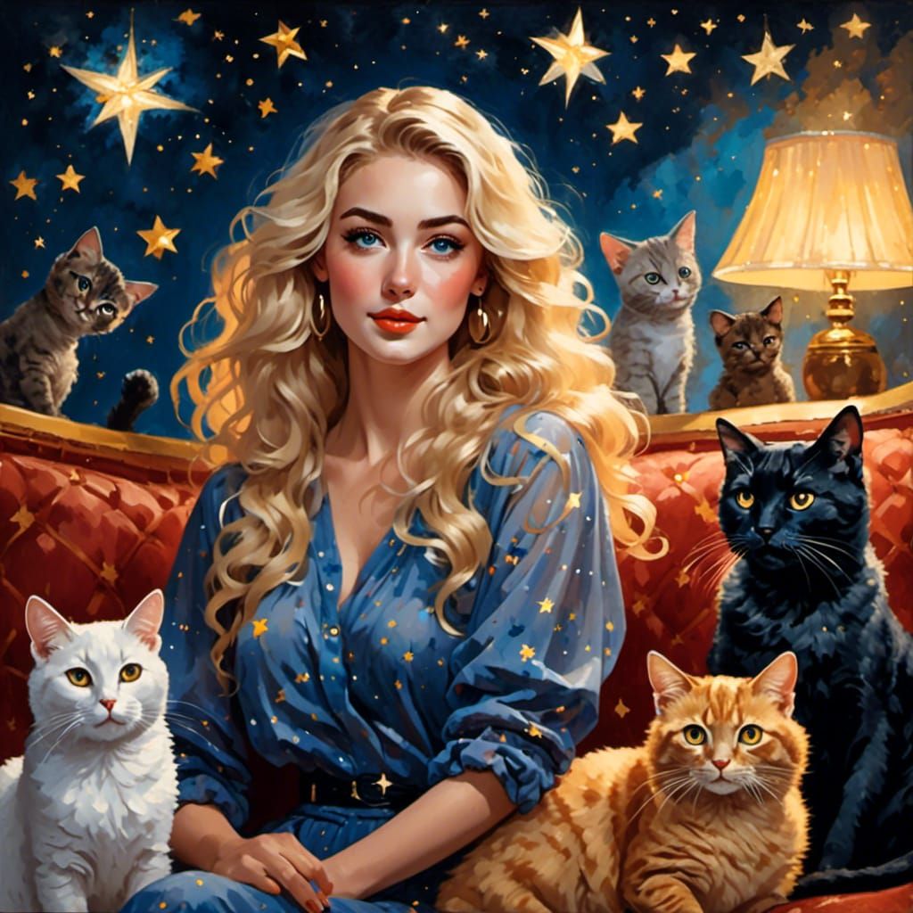 Blonde Woman with Cats in Starlit Painted Portrait