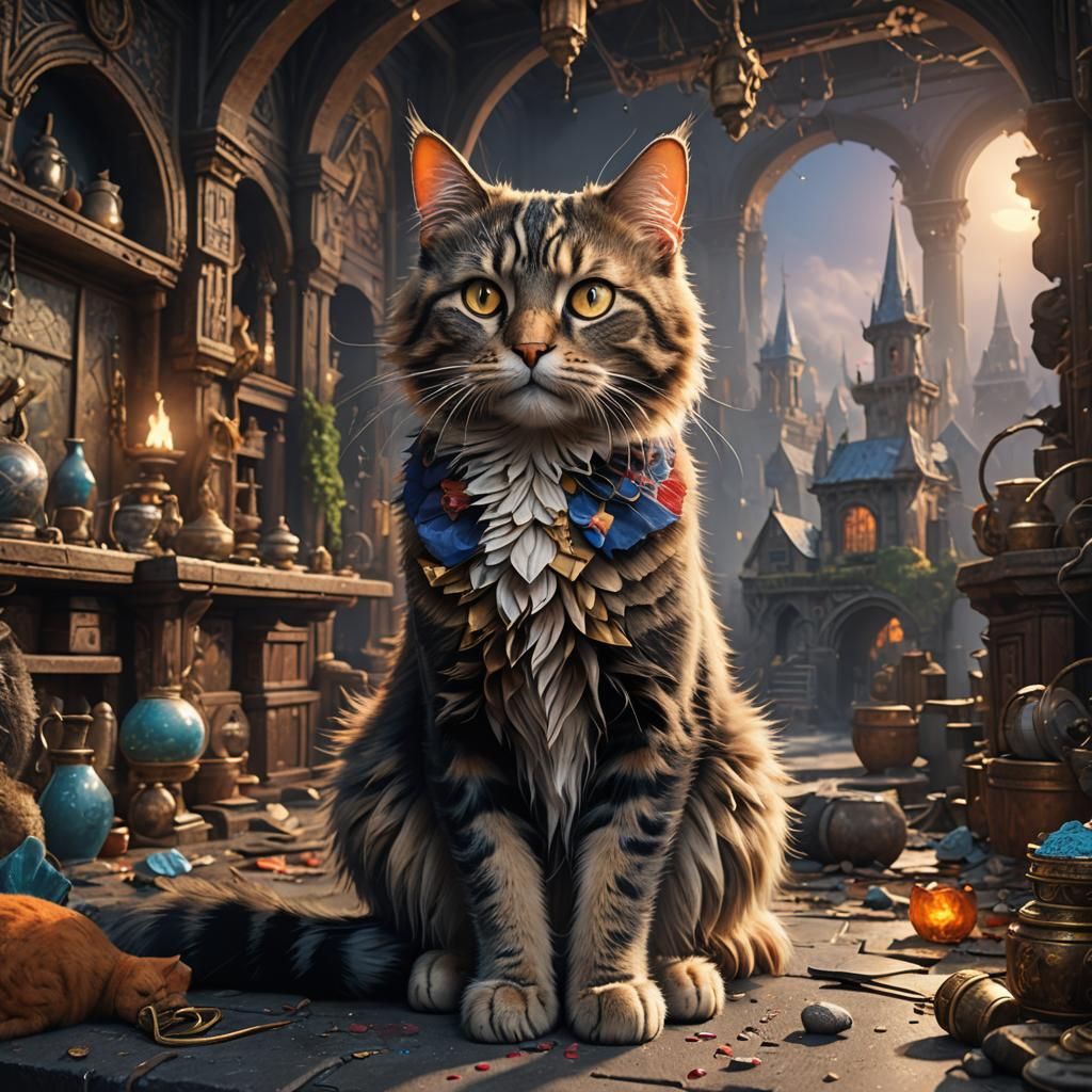 Cat's Morning Routine: Detailed Fantasy Art