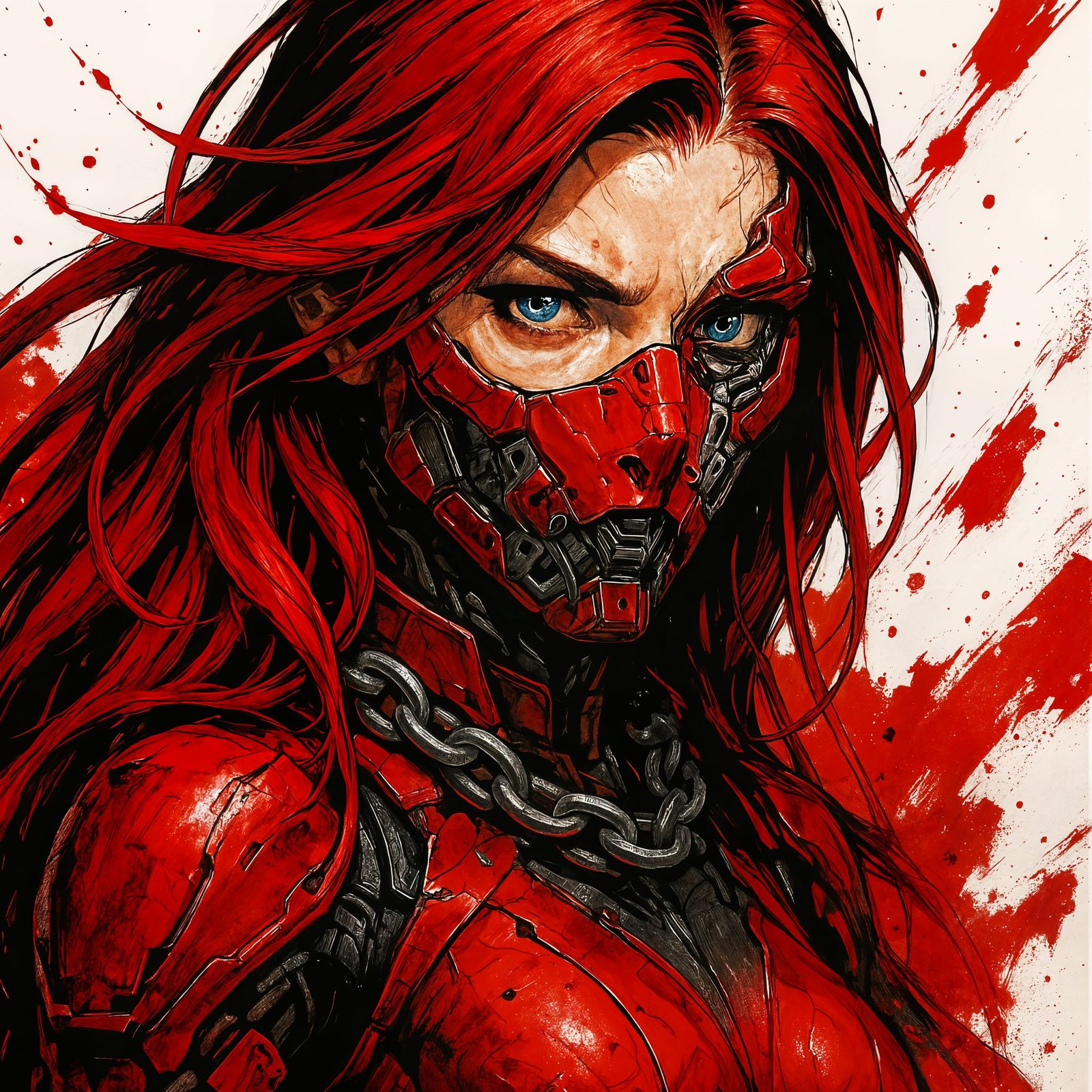 Cyberpunk Cyborg Woman in Red with Robotic Mask