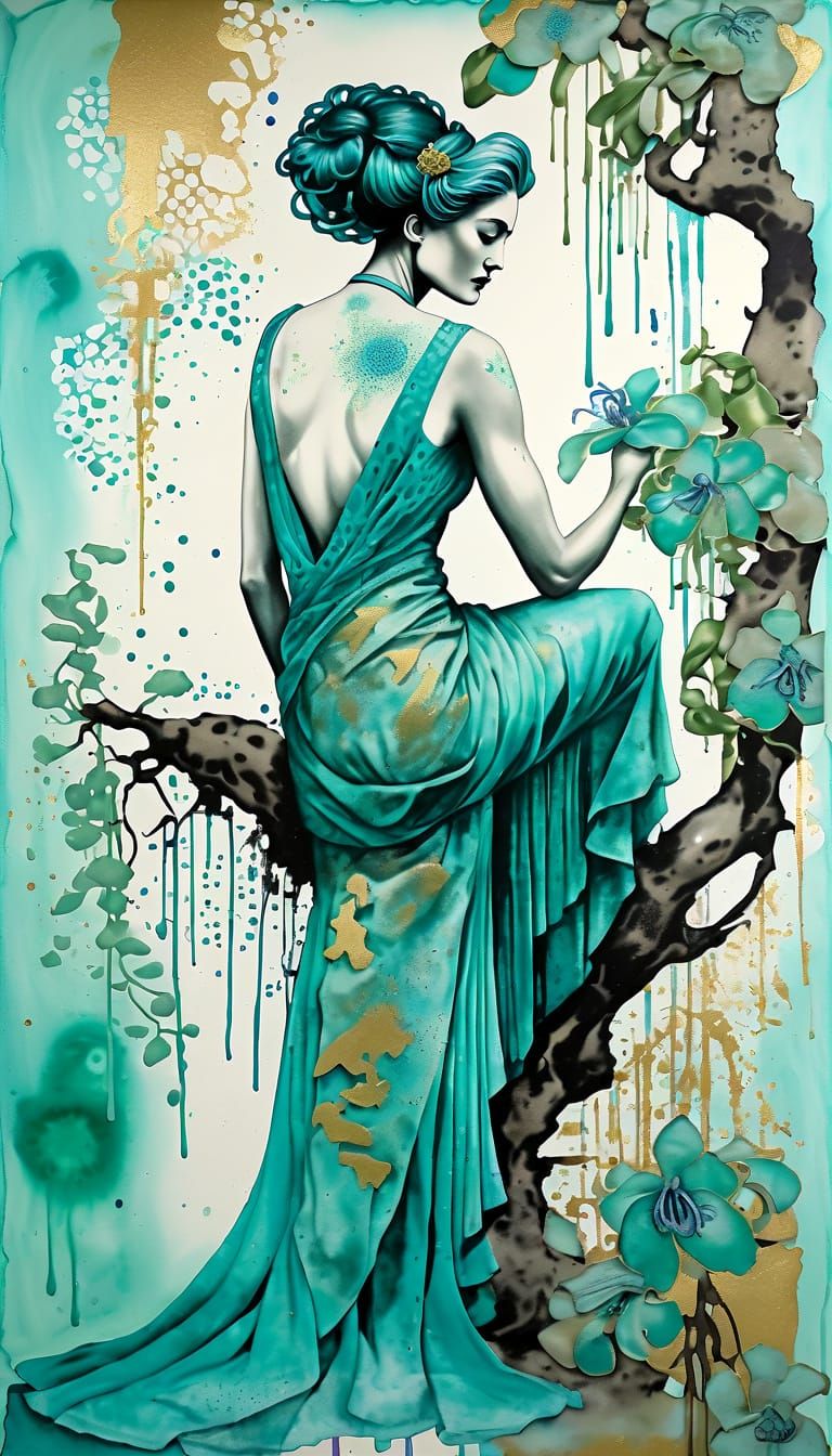 Art Nouveau Turquoise Woman with Tiger and Falcon