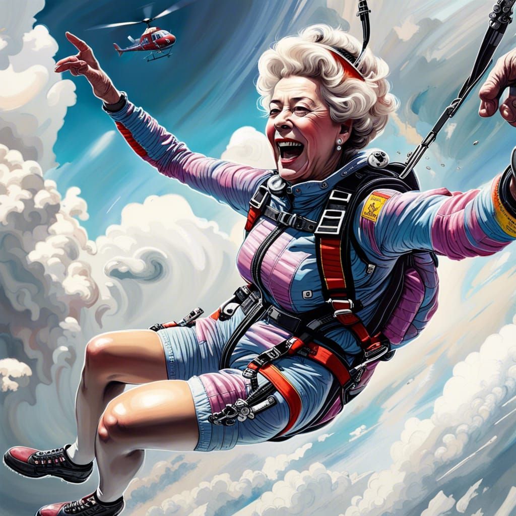 Queen Elizabeth Skydiving: Hyperreal Digital Art