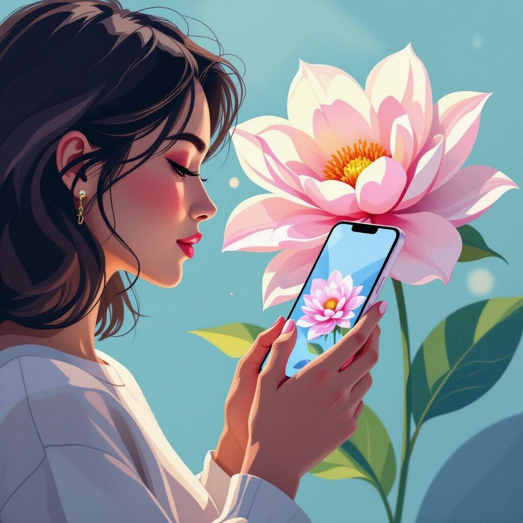 Smartphone and Flower in Vibrant Stylized Art