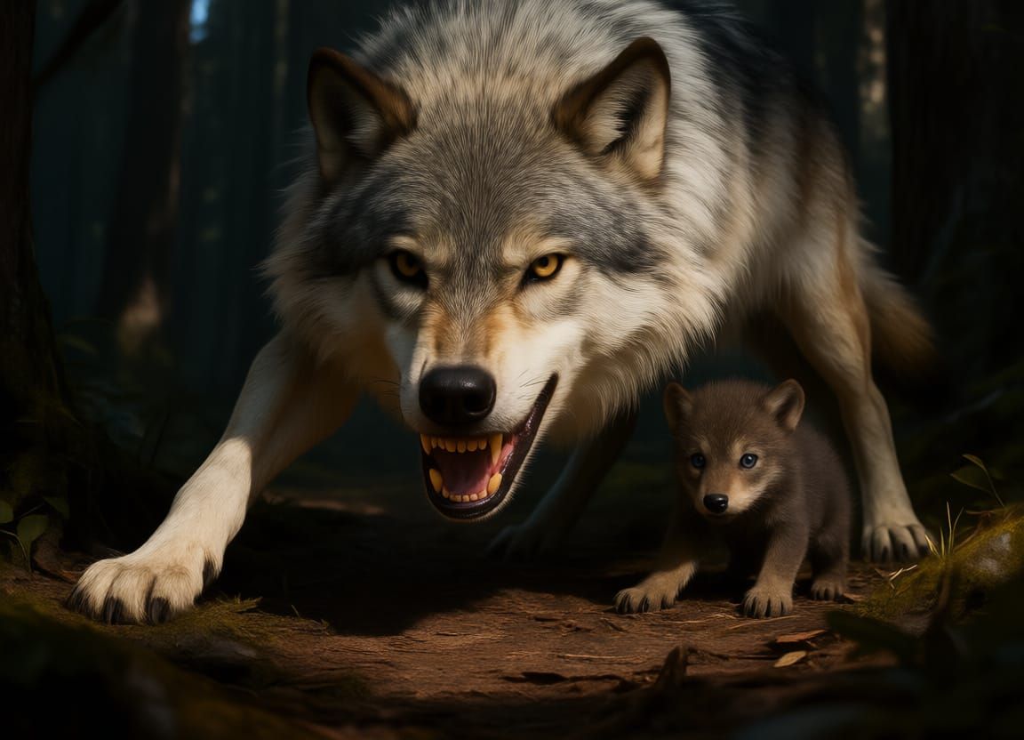 Fluffy Wolf Defends Cub from Shadow Bear in Fantasy Art
